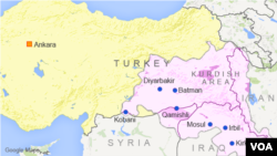 Карта Туреччини, на якій позначено основні курдські регіони