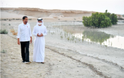 Presiden Joko Widodo bersama Menteri Energi dan Infrastruktur PEA Suhail Al Mazrouei berjalan di Jubail Mangrove Park yang terletak di Pulau Al Jubail, Abu Dhabi, PEA, Rabu, 3 November 2021. (Foto: Courtesy/BPMI Setpres/Laily Rachev)