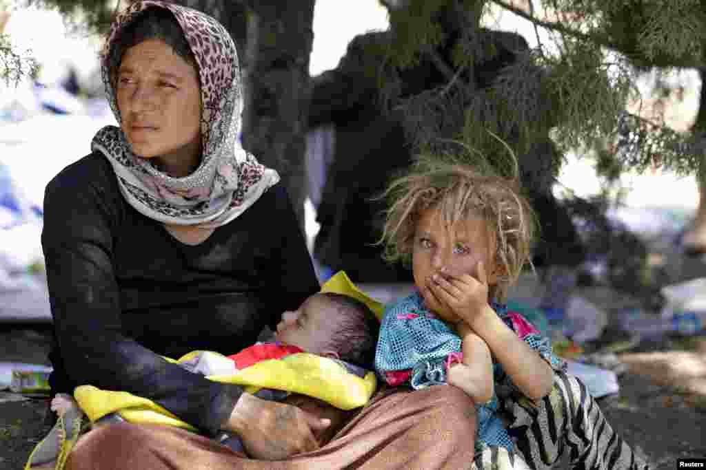 A displaced family from the minority Yazidi sect, fleeing the violence in the Iraqi town of Sinjar, waits for food while resting at the Iraqi-Syrian border crossing in Fishkhabour, Dohuk province August 13, 2014.