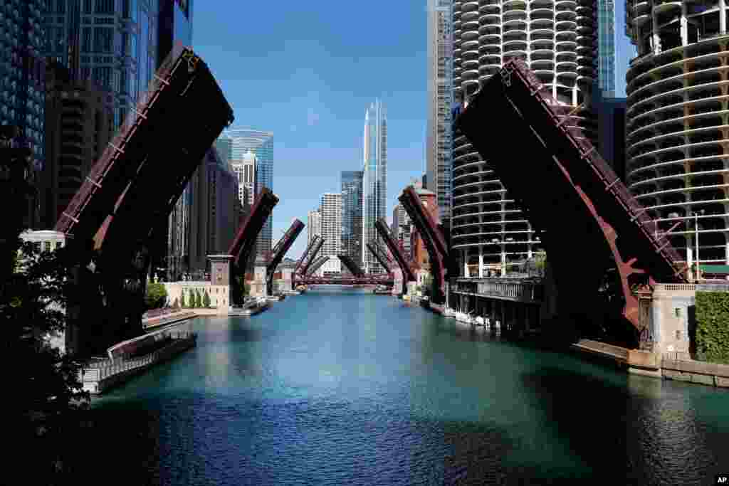 Several street bridges over the Chicago River remain closed, May 31, 2020 in Chicago, after a night of unrest and protests over the death of George Floyd, an African American man who died in police custody in Minneapolis. 