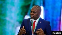 Tony Elumelu, président de la Transnational Corporation of Nigeria, s'exprime lors de la cérémonie de signature des Opérations présidentielles de réforme du pouvoir à Abuja le 22 avril 2013