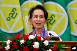 FILE - Aung San Suu Kyi, then Myanmar's leader, delivers a speech in Naypyidaw, Myanmar, Jan. 28, 2020.