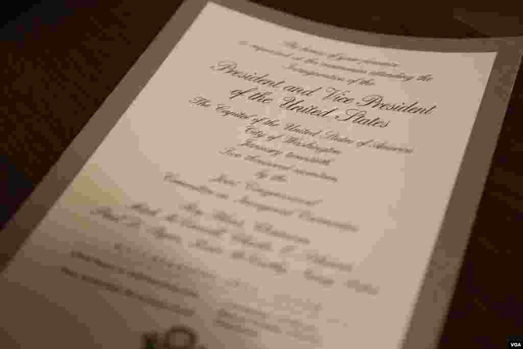 Close-up view of Silver Gate ticket to Donald Trump's inauguration as the 45th president of the United States, Jan. 20, 2017. (Photo: B. Allen / VOA) 