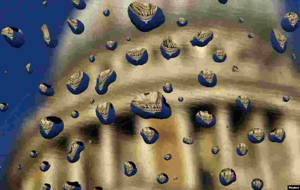 St Paul&#39;s Cathedral is seen reflacted in raindrops on a metal plaque following heavy rainfall in the City of London, Britain.