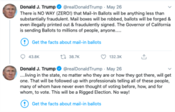 Под двумя твитами президента появились ссылки, добавленные модераторами соцсети, с названием "Узнайте факты о голосовании по почте"