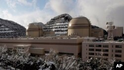 FILE - Kansai Electric Power Co.'s Ohi nuclear power plant No. 3, right, and No. 4 reactors, Ohi, Fukui prefecture, Japan, Jan. 26, 2012. A court ordered the reactor shut down Wednesday, dealing a setback to Prime Minister Shinzo Abe.