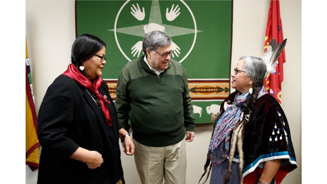 Attorney General William Barr, center, speaks with Myrna DuMontier, left, and Charmel Gillin, councilwomen with the Confederated Salish and Kootenai Tribes, after a roundtable meeting on missing and murdered indigenous persons, Friday, Nov. 22, 2019…