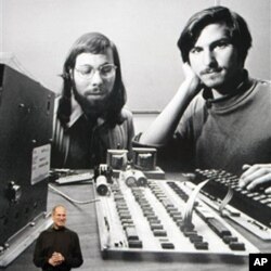 According to "The Innovator's Cookbook," creative minds need collaboration as in the case of Apple CEO Steve Jobs, standing in front of a photo of himself, right, and company co-founder Steve Wozniak, left, on Jan. 27, 2010.