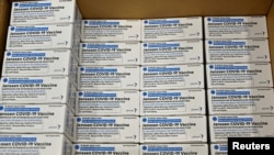 FILE - Boxes of the Johnson & Johnson COVID-19 vaccine are seen at the McKesson Corp., amid the coronavirus disease outbreak, in Shepherdsville, Ky., March 1, 2021.