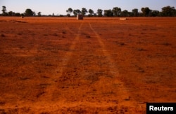 Tire tracks left by a truck can be seen in a drought-stricken paddock on Kahmoo Station property, located on the outskirts of the southwestern Queensland town of Cunnamulla in outback Australia, Aug. 10, 2017.