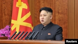 North Korean leader Kim Jong-un delivers a New Year address in Pyongyang in this picture released by the North's official KCNA news agency, January 1, 2013.