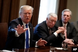 FILE - President Donald Trump speaks during a meeting with lawmakers on immigration policy in the Cabinet Room of the White House, Jan. 9, 2018. From left are Trump, Rep. Steny Hoyer, D-Md., and Rep. Kevin McCarthy, R-Calif.
