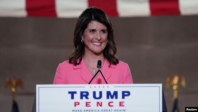 前美国常驻联合国代表妮基·黑利Nikky Haley2020年8月24日在共和党全代会上发言（路透社）