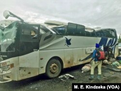 A bus burned by separatists in Akum, Cameroon, Sept. 9, 2018.