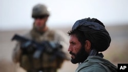 An Afghan farmer watches as U.S. Marines from 1st Battalion, 6th regiment, Charlie company patrol around Huskers camp on the outskirts of Marjah in central Helmand, 26 Jan 2010