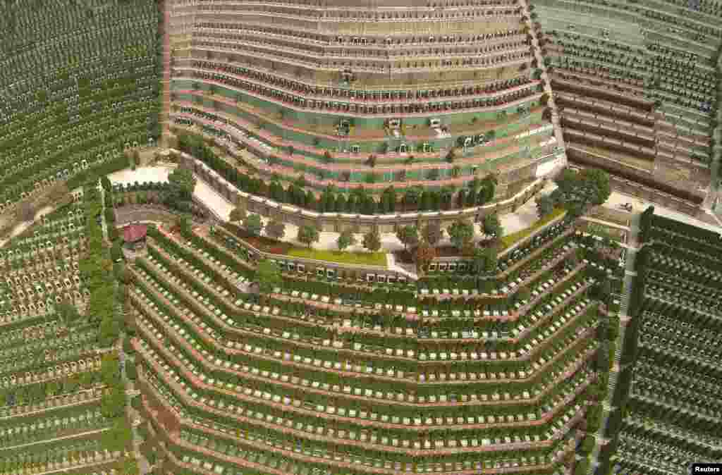 An aerial view of a public cemetery ahead of the Qingming Festival, or Tomb Sweeping Day in Hangzhou, Zhejiang province, China.