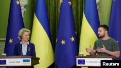 European Commission President von der Leyen and Ukraine's President Zelenskiy attend a joint statement in Kyiv