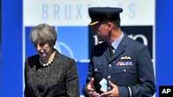 British Prime Minister Theresa May arrives for the NATO summit in Brussels, May 25, 2017. 