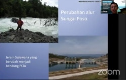 Doktor Lukman, Peneliti LIPI, menjelaskan perubahan alur sungai Poso yang berperan penting untuk migrasi Sidat danau Poso Poso, menjadi benung PLTA (6 Juni 2020) Foto : Tangkapan LayarDoktor Lukman, Peneliti LIPI, menjelaskan perubahan alur sungai Poso ya