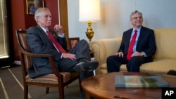 Judge Merrick Garland, right, President Barack Obama's choice to replace the late Justice Antonin Scalia on the Supreme Court, meets with Sen. Angus King, an independent from Maine, on Capitol Hill in Washington, April 13, 2016. 