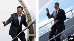 Republican presidential candidate Mitt Romney, left, boards a plane in Denver, Colo., and President Barack Obama gets off a plane in Tampa, Fla. in September.