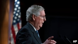 Senate Minority Leader Mitch McConnell, R-Ky., holds an end-of-the-year news conference, at the Capitol in Washington, Dec. 16, 2021.