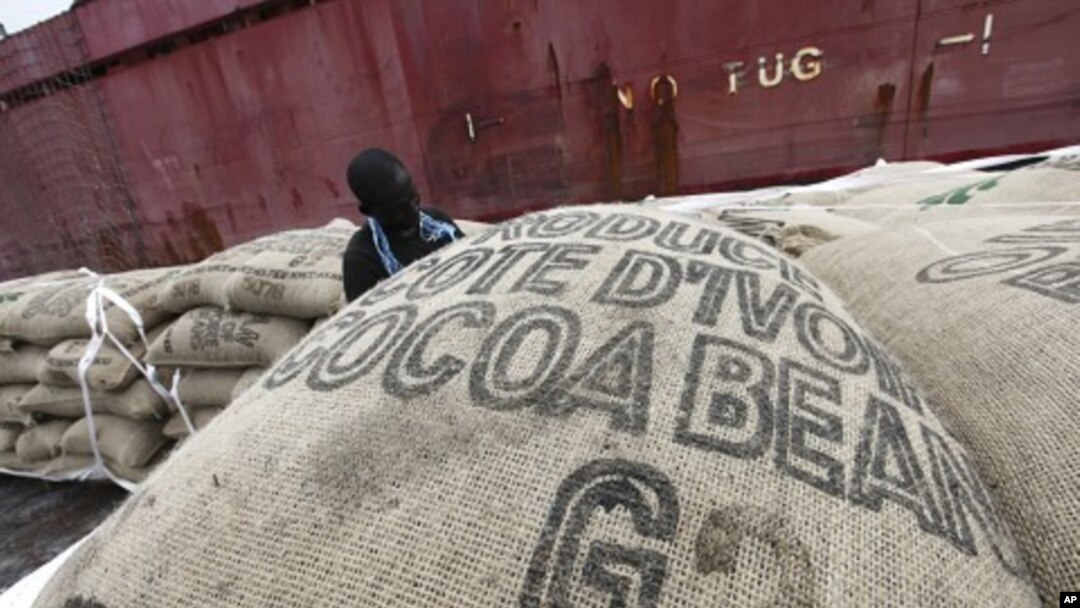 A worker prepares to load sacks of cocoa onto a ship at the port of Abidjan May 8, 2011.