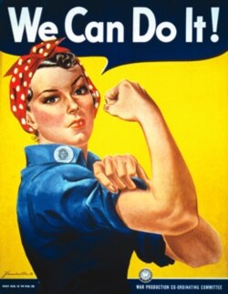 Women who worked in factories during World War Two came to be known as "Rosie the Riveter." The Westinghouse Electric and Manufacturing Company produced this famous poster for its War Production Co-ordinating Committee.