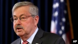 FILE - Then-Iowa Gov. Terry Branstad, now U.S. ambassador to China, speaks during his weekly news conference, May 23, 2017, at the Statehouse in Des Moines, Iowa. 