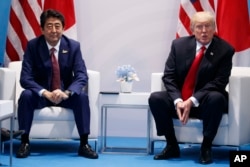 FILE - President Donald Trump, right, speaks during a meeting with Japanese Prime Minister Shinzo Abe at the G20 Summit, July 8, 2017, in Hamburg, Germany.