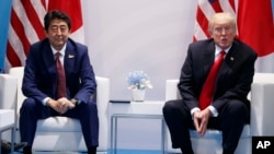 FILE - President Donald Trump, right, speaks during a meeting with Japanese Prime Minister Shinzo Abe at the G20 Summit, July 8, 2017, in Hamburg, Germany.