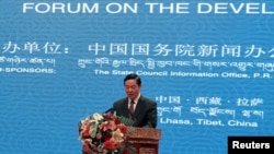 Liu Qibao, Beijing's propaganda chief, speaks during the Tibet Development Forum in Lhasa, Tibet Autonomous Region, July 7, 2016.