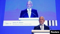 U.S. Secretary of Defense Jim Mattis speaks at the Shangri-la Dialogue in Singapore, June 2, 2018. 