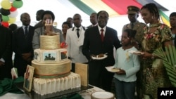 Zimbabwe President Robert Mugabe (4th R) and first lady Grace Mugabe (2nd R) stand with the president's birthday cake among guests on the occasion of his 89th birthday celebrations held in his honour at the State House, February 20, 2013, the eve of his birthday. Zimbabwe is expected to hold a constitutional referendum on March 16, 2013 and elections in July, which will end the unity government, but no dates have been set. AFP PHOTO / JEKESAI NJIKIZANA
