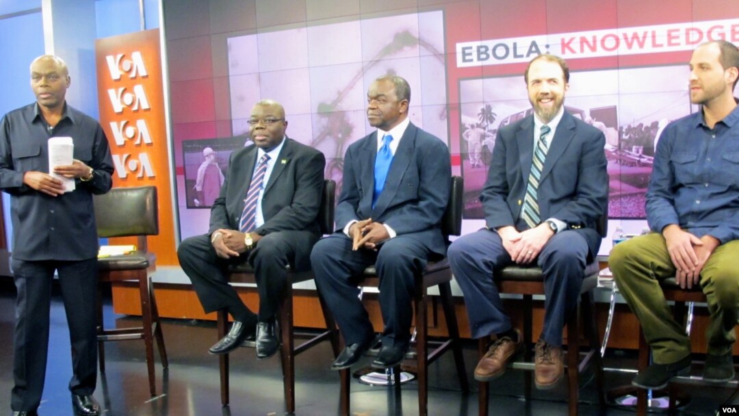 FILE - VOA "Straight Talk Africa" host Shaka Ssali, left, leads an Ebola discussion with Ambassador H.E. Bockari K. Stevens of Sierra Leone, Dr. Malonga Miatudila, and Ebola survivors Rick Sacra and Ashoka Mukpo, Nov. 19, 2014.