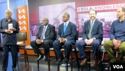 FILE - VOA "Straight Talk Africa" host Shaka Ssali, left, leads an Ebola discussion with Ambassador H.E. Bockari K. Stevens of Sierra Leone, Dr. Malonga Miatudila, and Ebola survivors Rick Sacra and Ashoka Mukpo, Nov. 19, 2014.