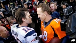 The NFL season begins Thursday without two of the most prominent players. Tom Brady, left, is suspended. Peyton Manning, right, retired.