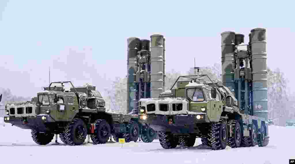 In this photo taken from video provided by the Russian Defense Ministry Press Service, a view of Russian S-400 air defense missile systems in position during a military exercise, in Siberia.