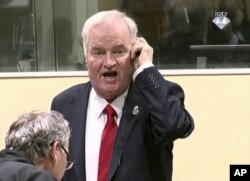 FILE - Former Bosnian Serb military commander Ratko Mladic is seen during an angry outburst at the Yugoslav War Crimes Tribunal in The Hague, Netherlands, Nov. 22, 2017.