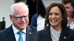 Kombinasi foto - Wakil Presiden AS Kamala Harris di Washington, DC, 22 Juli 2024 (kanan) dan Gubernur Minnesota Tim Walz di Washington, DC, 3 Juli 2024.