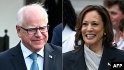 Esta combinação de imagens criada a 2 de agosto de 2024 mostra a vice-presidente dos EUA, Kamala Harris, em Washington, DC, a 22 de julho de 2024, e o governador do Minnesota, Tim Walz, em Washington, DC, a 3 de julho de 2024.