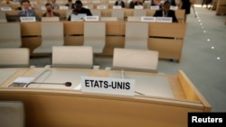 Empty seats of the United States delegation are pictured one day after the U.S. announced their withdraw during a session of the Human Rights Council at the United Nations in Geneva, Switzerland, June 20, 2018. 