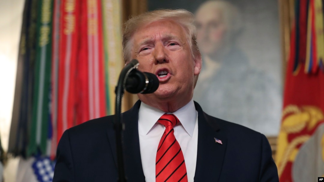 President Donald Trump speaks in the Diplomatic Room of the White House in Washington, Sunday, Oct. 27, 2019. (AP Photo/Andrew Harnik)