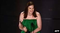 US film editor Jennifer Lame accepts the award for Best Film Editing for "Oppenheimer" onstage during the 96th Annual Academy Awards at the Dolby Theatre in Hollywood, California on March 10, 2024.