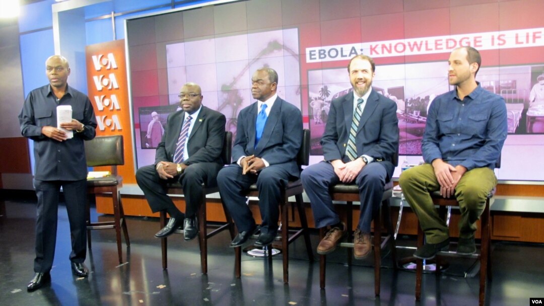 VOA "Straight Talk Africa" host Shaka Ssali, left, leads an Ebola discussion with Ambassador H.E. Bockari K. Stevens of Sierra Leone, Dr. Malonga Miatudila, and Ebola survivors Rick Sacra and Ashoka Mukpo, a physician and journalist, respectively, Nov. 19