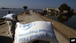 Flood survivors carry a bags of wheat flour in their village Khairpur Nathan Shah, Pakistan which is still surrounded by floodwaters, 2 Nov 2010