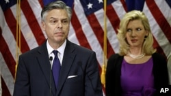 Republican presidential candidate, former Utah Gov. Jon Huntsman, accompanied by his wife Mary Kaye Huntsman, announces he is ending his campaign in Myrtle Beach, S.C., January 16, 2012.