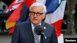 German Foreign Minister Frank-Walter Steinmeier gives a statement at Luebeck City Hall before a meeting of G7 foreign ministers, Luebeck, Germany, April 14, 2015.