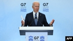 US President Joe Biden takes part in a press conference on the final day of the G7 summit at Cornwall Airport Newquay, near Newquay, Cornwall on June 13, 2021. (Photo by Brendan Smialowski / AFP)