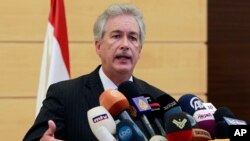 U.S. Deputy Secretary of State William Burns speaks during a press conference at Rafik Hariri International Airport in Beirut, Lebanon, Monday, July 1, 2013. Burns denounced Monday that Hezbollah for its involvement in Syria's civil war and said the Leban